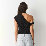 Solid Color Slash Shoulder Haterneck Tops GSBW-J26TP069