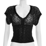 V Neck Lace Short Sleeve T Shirt GSBW-J26TP051