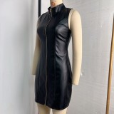 PU Leather Zipper Sleeveless Mini Dress GPBY-8177