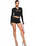 Long Sleeve Print Hooded Top Two Piece Shorts Set CH-26011