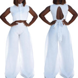 Solid Color Sleeveless Backless Tops Two Piece Pants Set OLYF-1971