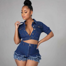 Denim Short Sleeve Tops Tassel Shorts 2 Piece Set YMEF-59015