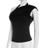 Solid Color Slash Shoulder Haterneck Tops GSBW-J26TP069