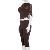 Solid Color Ruched Tops Seventh Pants Suit GDSF-J26ST024