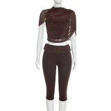 Solid Color Ruched Tops Seventh Pants Suit GDSF-J26ST024