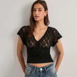 V Neck Lace Short Sleeve T Shirt GSBW-J26TP051