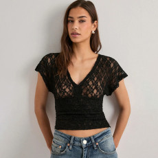 V Neck Lace Short Sleeve T Shirt GSBW-J26TP051