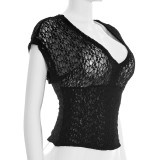 V Neck Lace Short Sleeve T Shirt GSBW-J26TP051