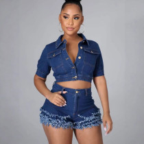 Denim Short Sleeve Tops Tassel Shorts 2 Piece Set YMEF-59015