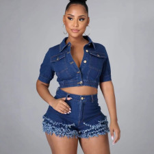 Denim Short Sleeve Tops Tassel Shorts 2 Piece Set YMEF-59015