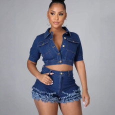 Denim Short Sleeve Tops Tassel Shorts 2 Piece Set YMEF-59015