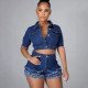 Denim Short Sleeve Tops Tassel Shorts 2 Piece Set YMEF-59015