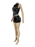 Sleeveless Solid Color Zipper Top Shorts Suit CH-26102