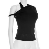 Solid Color Slash Shoulder Haterneck Tops GSBW-J26TP069