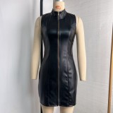 PU Leather Zipper Sleeveless Mini Dress GPBY-8177