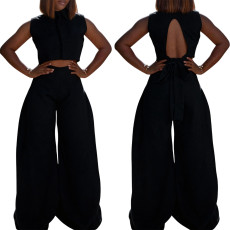 Solid Color Sleeveless Backless Tops Two Piece Pants Set OLYF-1971