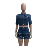 Denim Short Sleeve Tops Tassel Shorts 2 Piece Set YMEF-59015