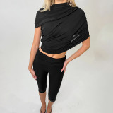 Solid Color Ruched Tops Seventh Pants Suit GDSF-J26ST024
