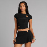Short Sleeve Solid Color Tops Two Piece Skirts Set GSBW-Q26ST030