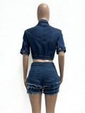 Denim Short Sleeve Tops Tassel Shorts 2 Piece Set YMEF-59015