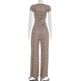 Stripe Print Cardigan Two Piece Pants Set GSBW-J26ST078