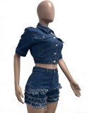 Denim Short Sleeve Tops Tassel Shorts 2 Piece Set YMEF-59015