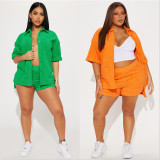 Solid Color Short Sleeve Shirt Two Piece Shorts Set YNSF-8027