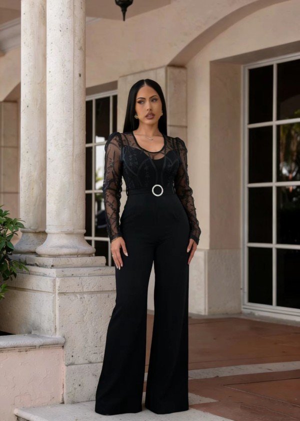 Mesh Embroidery Belt Wide Leg Jumpsuit LA-6006