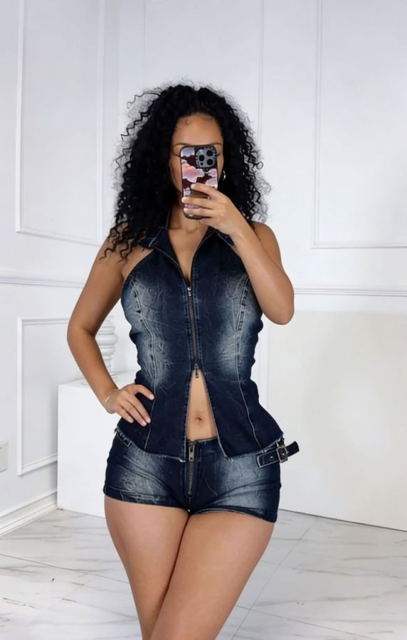 Fashion Sleeveless Backless Denim Short Suit MEM-88683