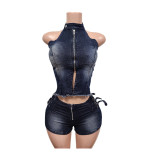 Fashion Sleeveless Backless Denim Short Suit MEM-88683