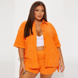 Solid Color Short Sleeve Shirt Two Piece Shorts Set YNSF-8027