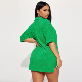 Solid Color Short Sleeve Shirt Two Piece Shorts Set YNSF-8027