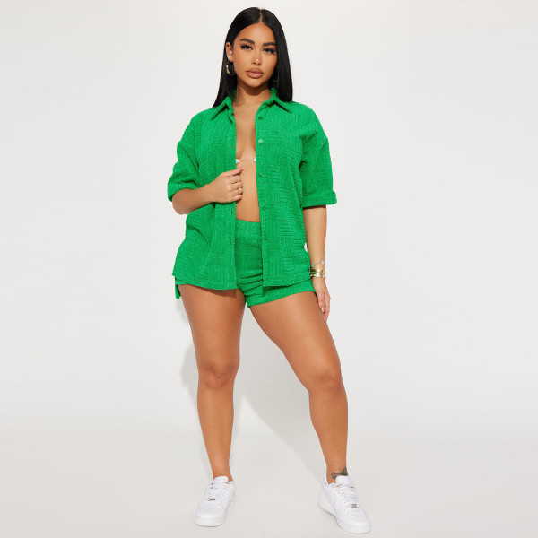 Solid Color Short Sleeve Shirt Two Piece Shorts Set YNSF-8027