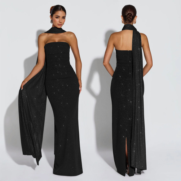 Sexy Sequin Wrap Chest Split Maxi Dress BY-7635
