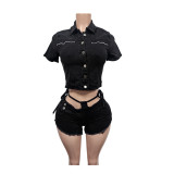 Denim Short Sleeve Short Two Piece Set MEM-88682