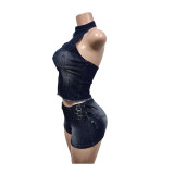 Fashion Sleeveless Backless Denim Short Suit MEM-88683