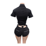 Denim Short Sleeve Short Two Piece Set MEM-88682