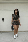 Polka Dots Short Sleeve Hooded Two Piece Shorts Set QXLB-D10125