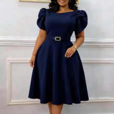 Plus Size Short Sleeve Solid Midi Dress GCZF-8654