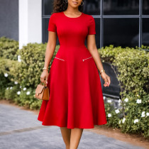 Plus Size Short Sleeve Solid Color Midi Dress GATE-619