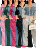Long Sleeve Color Block Two Piece Pants Set YH-9010