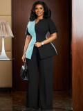 Color Block Short Sleeve Two Piece Pants Set MIL-L327