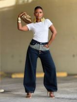 Plus Size Button-front Color Block Patchwork Jeans GYLN-4697