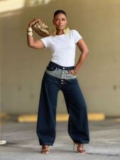 Plus Size Button-front Color Block Patchwork Jeans GYLN-4697