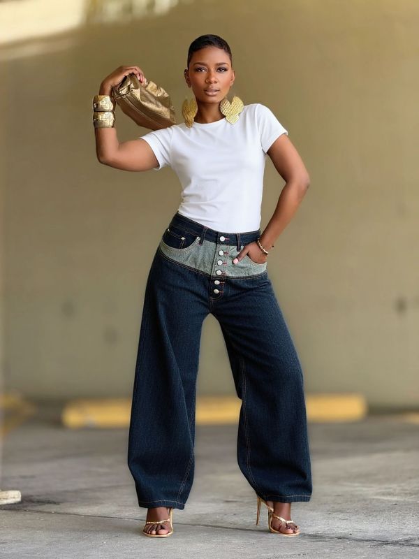 Plus Size Button-front Color Block Patchwork Jeans GYLN-4697