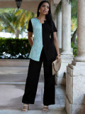 Color Block Short Sleeve Two Piece Pants Set MIL-L327