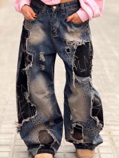Washed Holes Patchwork Loose Jeans GYLN-1106