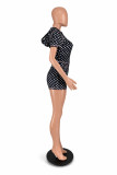 Polka Dots Short Sleeve Hooded Two Piece Shorts Set QXLB-D10125