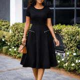 Plus Size Short Sleeve Solid Color Midi Dress GATE-619