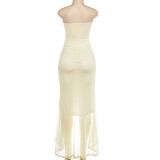 Off Shoudler Ruched Ruffles Split Maxi Dress DLSF-K6D00997A